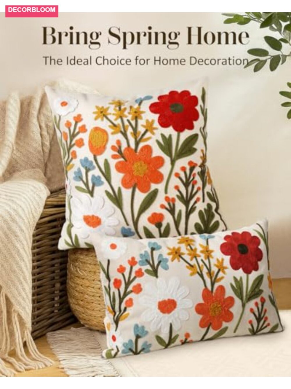 Set of 2 Embroidered Lumbar Throw Pillow Covers 20x12 Invisible Zipper Canvas - Picture 4 of 5